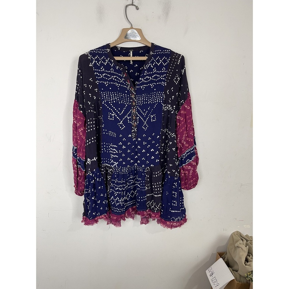 Free People Womens Mini Dress‎ Tunic Small Navy Pink Patchwork Boho Fall Hippie